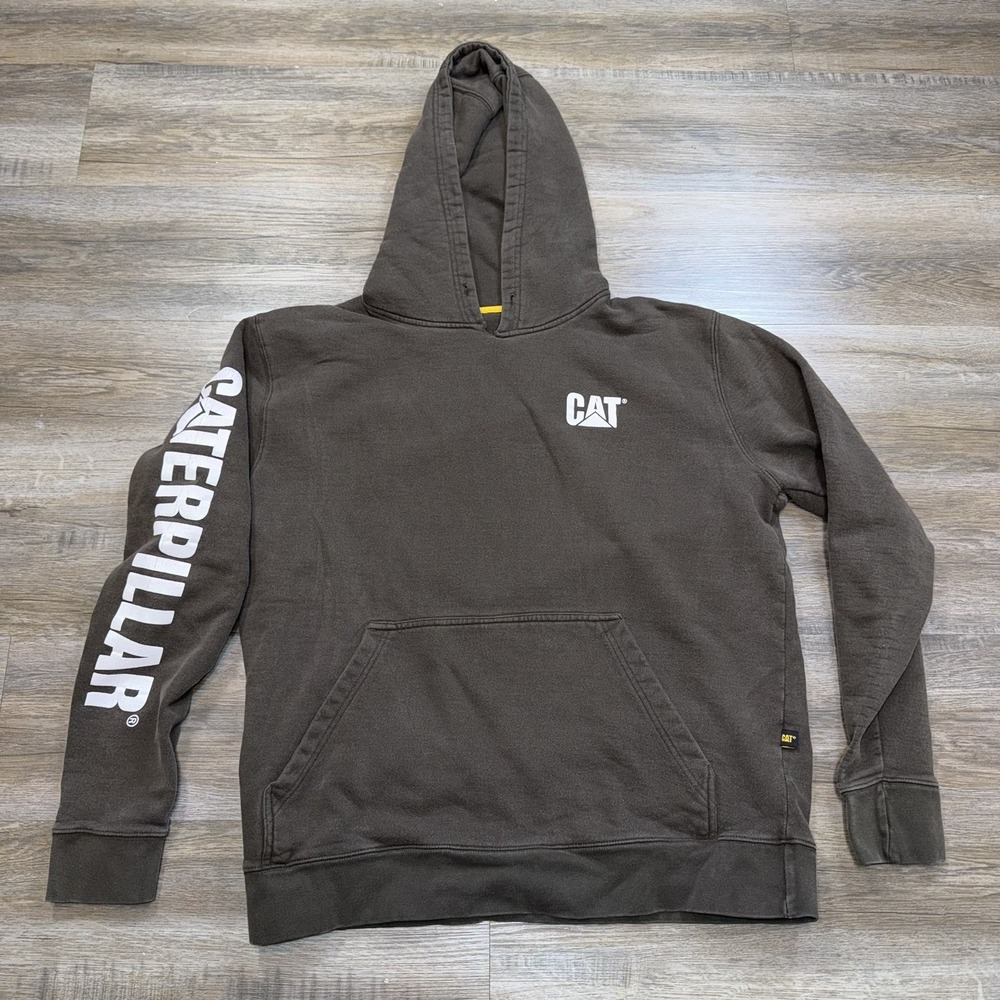 CAT Caterpillar Trademark Banner Hoodie Sweatshirt Mens L Faded Black Pullover